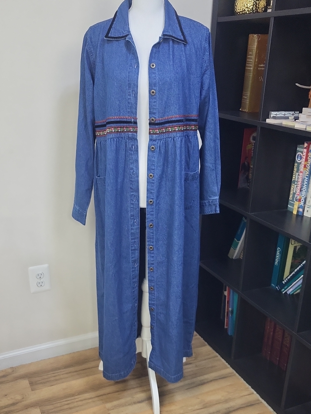 Long Southwestern Blue Denim Maxi Dress with Embroidered Empire Waist & Pockets
